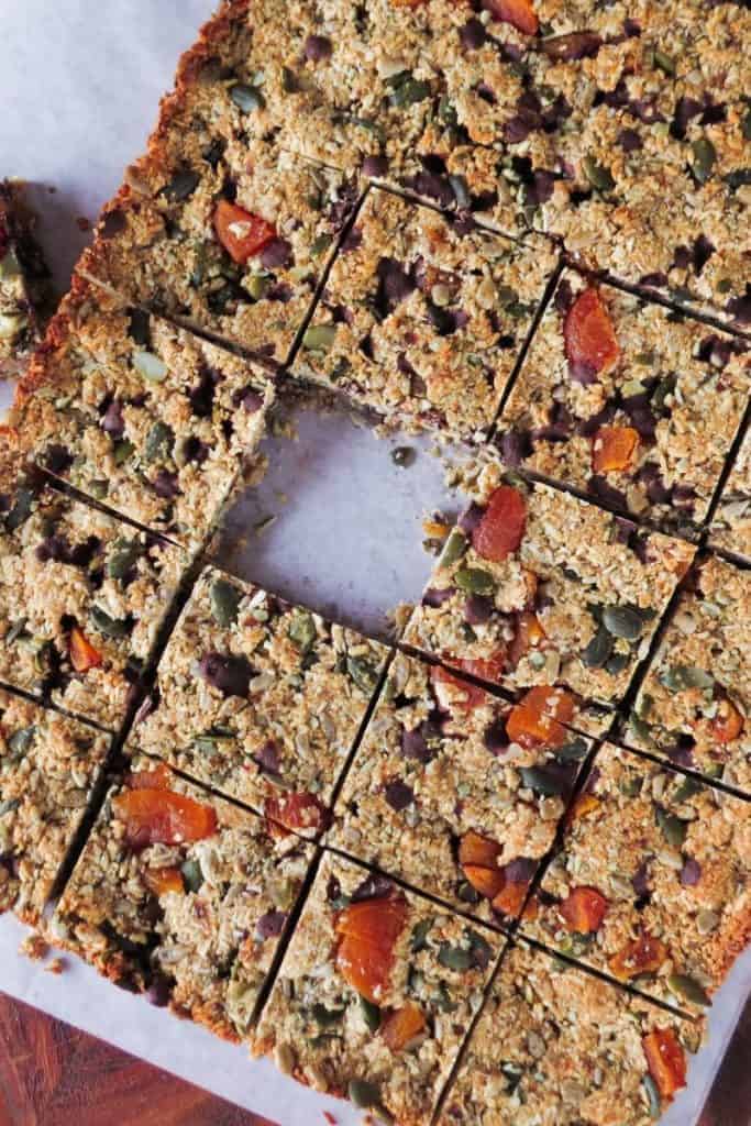 Overhead image of sliced Vegan 'Muesli' Slice
