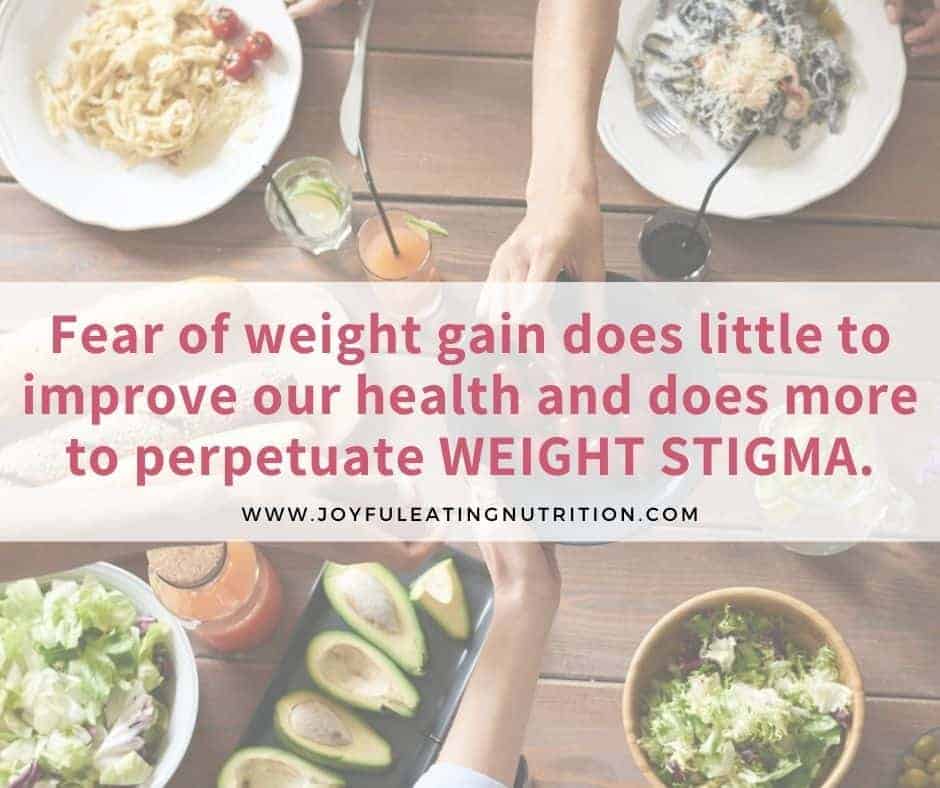 spread of food on table with text about fear of weight gain