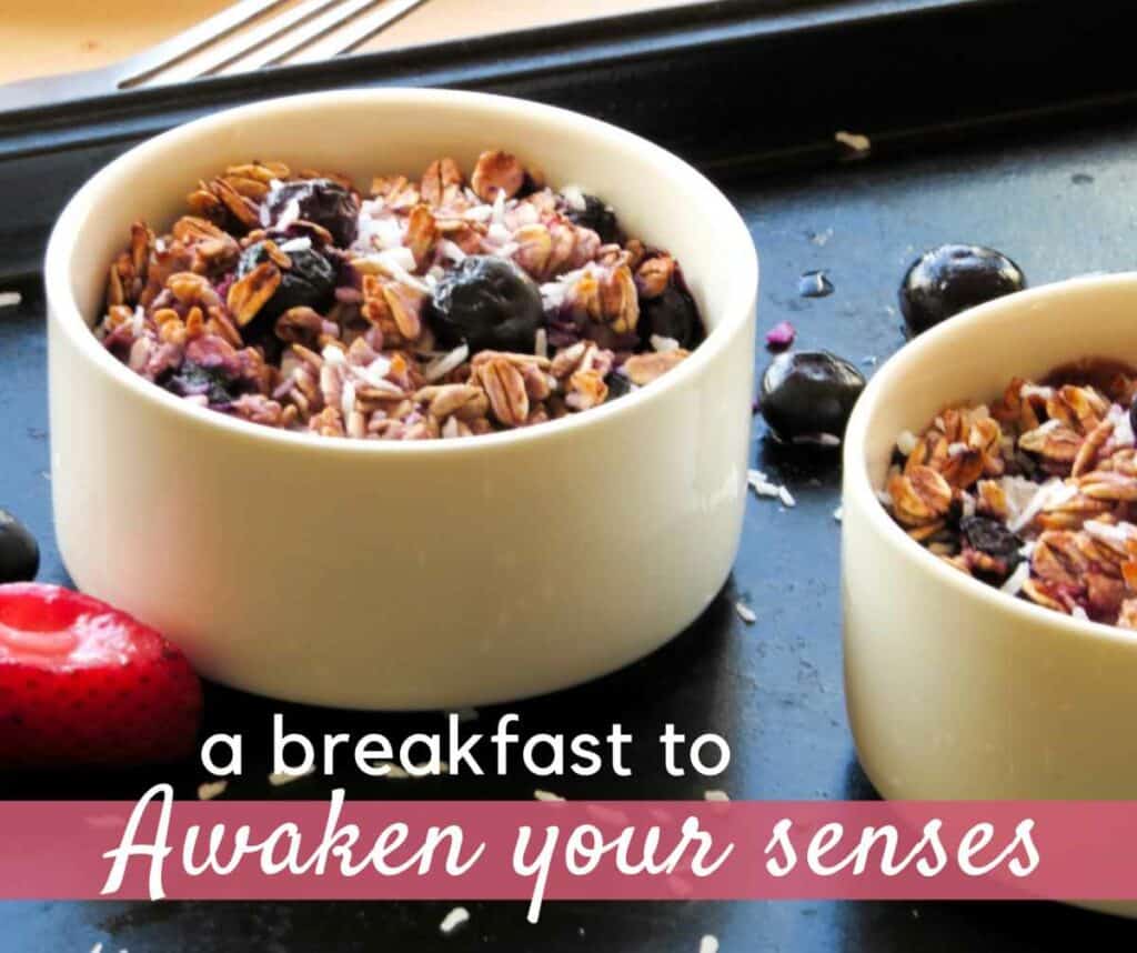 Berry baked oatmeal with text: a breakfast to awaken your senses