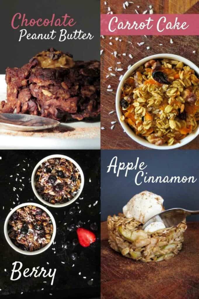 Single Serve Baked Oatmeal 4 Ways Collage with Flavour Titles.