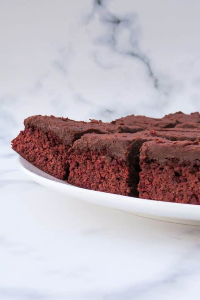 Side view of a plate with chocolate beetroot brownies