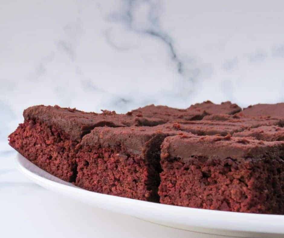 Side view of a plate with chocolate beetroot brownies