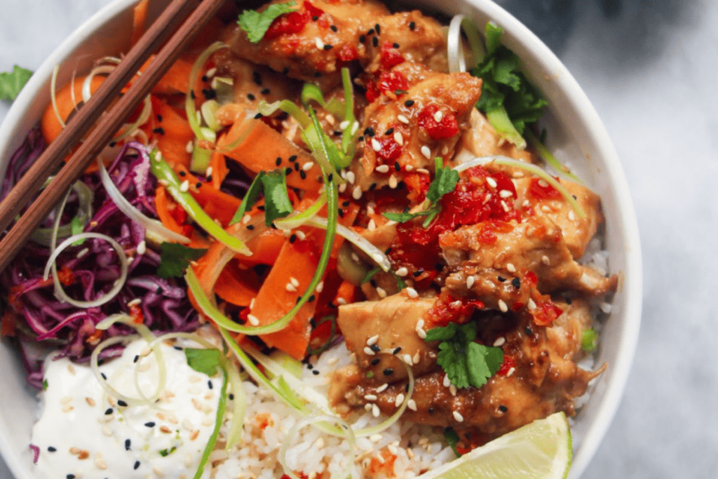 Chicken poke bowl with miso marinated chicken and chilli jam dressing