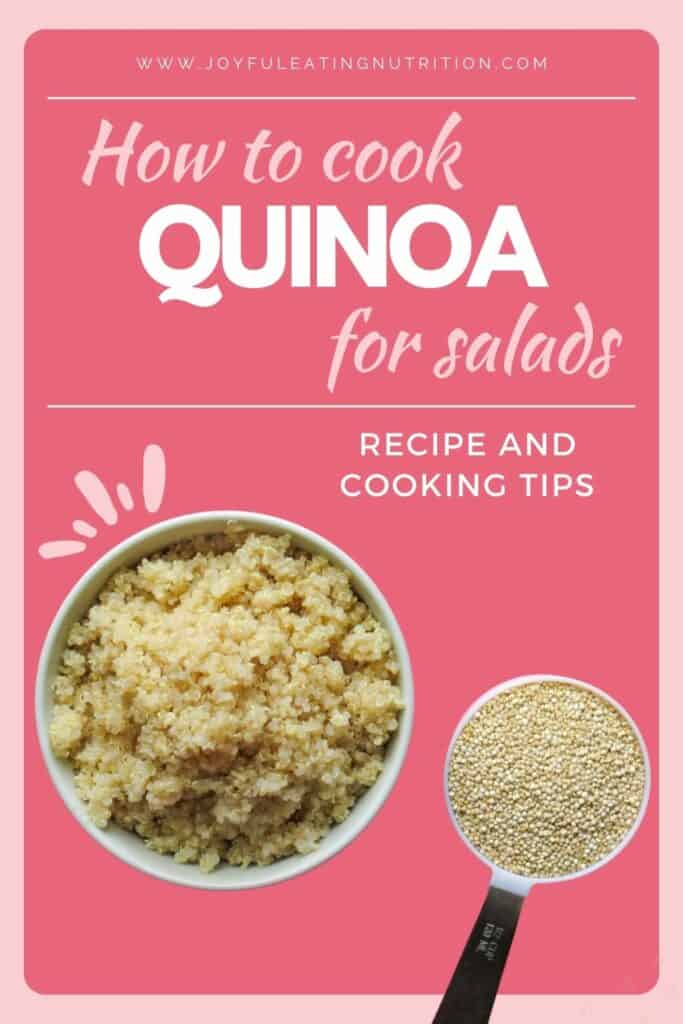 Words How to cook quinoa for salads on pink background with bowl of cooked quinoa and measuring cup of uncooked quinoa.