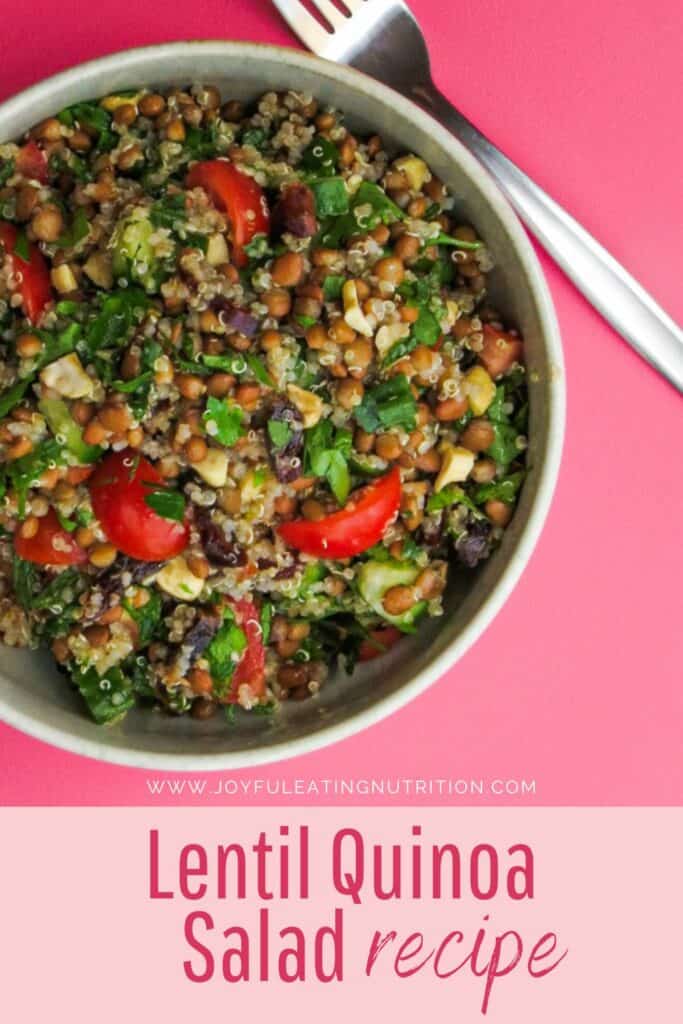 Bowl of Lentil Quinoa Salad Recipe on pink background with title text.