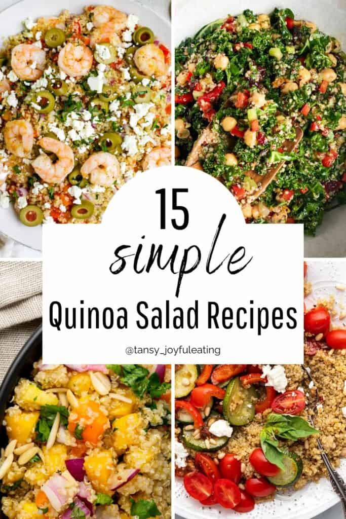 Blog title '15 simple quinoa salad recipes' over image of four quinoa salads.
