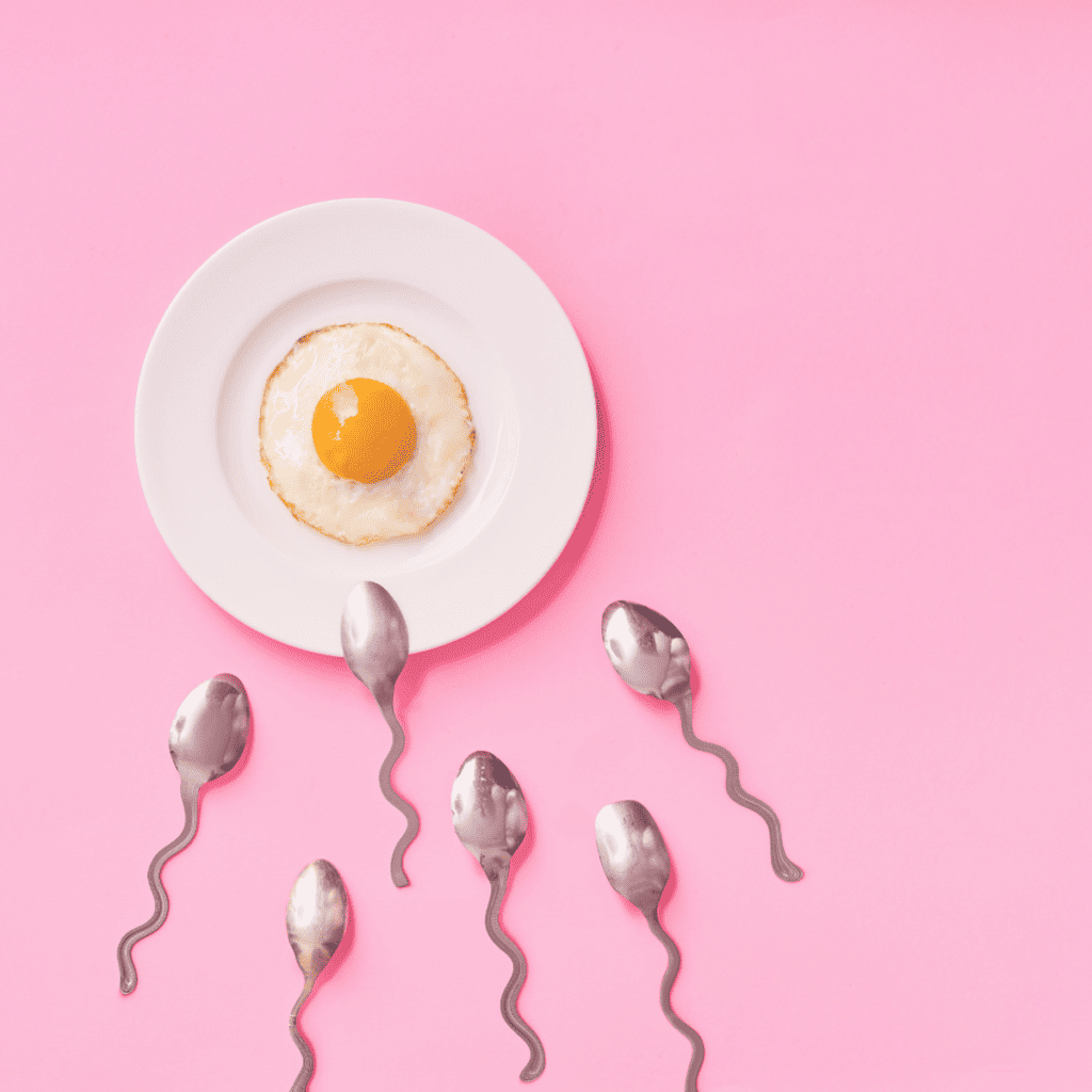A fried egg on a white plate on a pink surface. Pointing towards the egg are six spoons with wiggly handles so that they look like sperm.